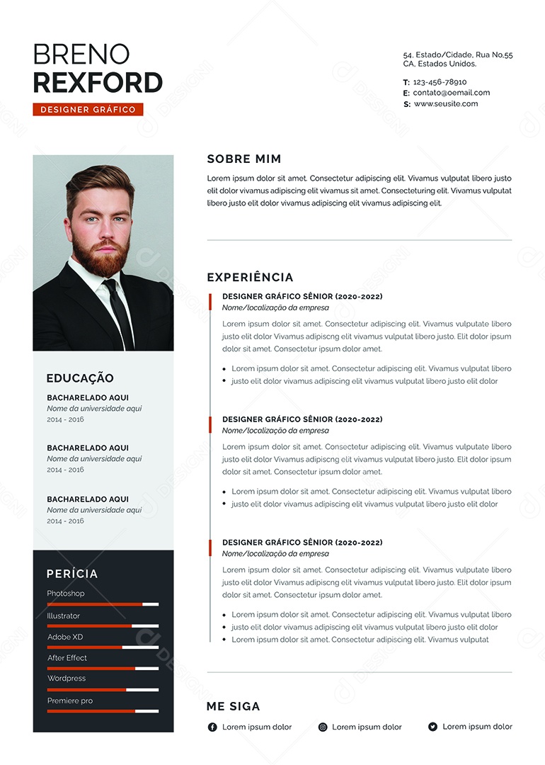 Modelo de Currículo Designer Gráfico Breno Rexford PSD Editável