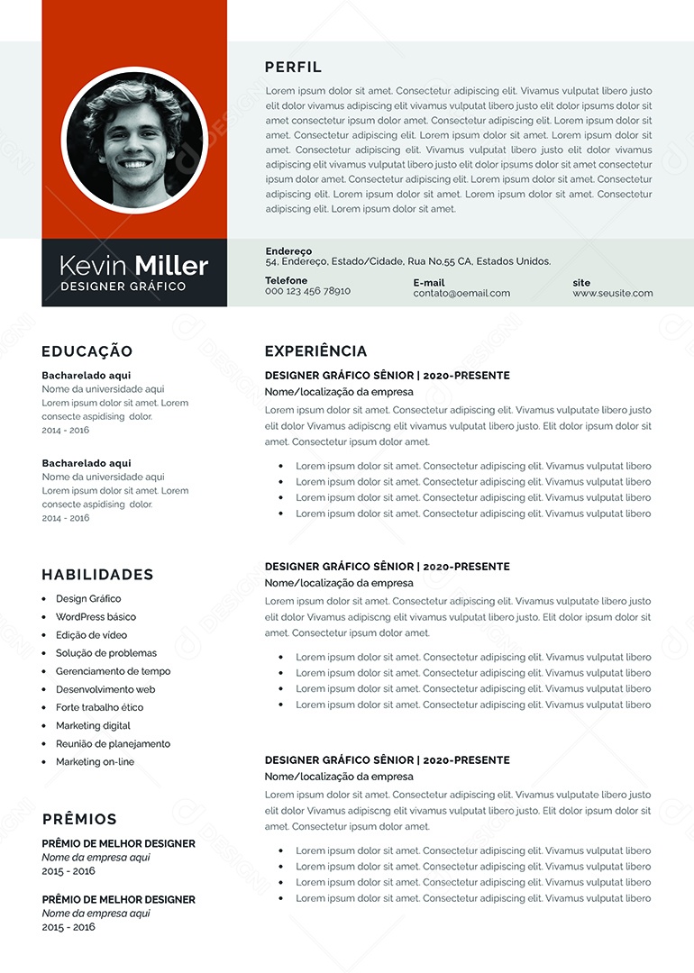 Modelo De Currículo Kevin Miller Designer Gráfico PSD Editável
