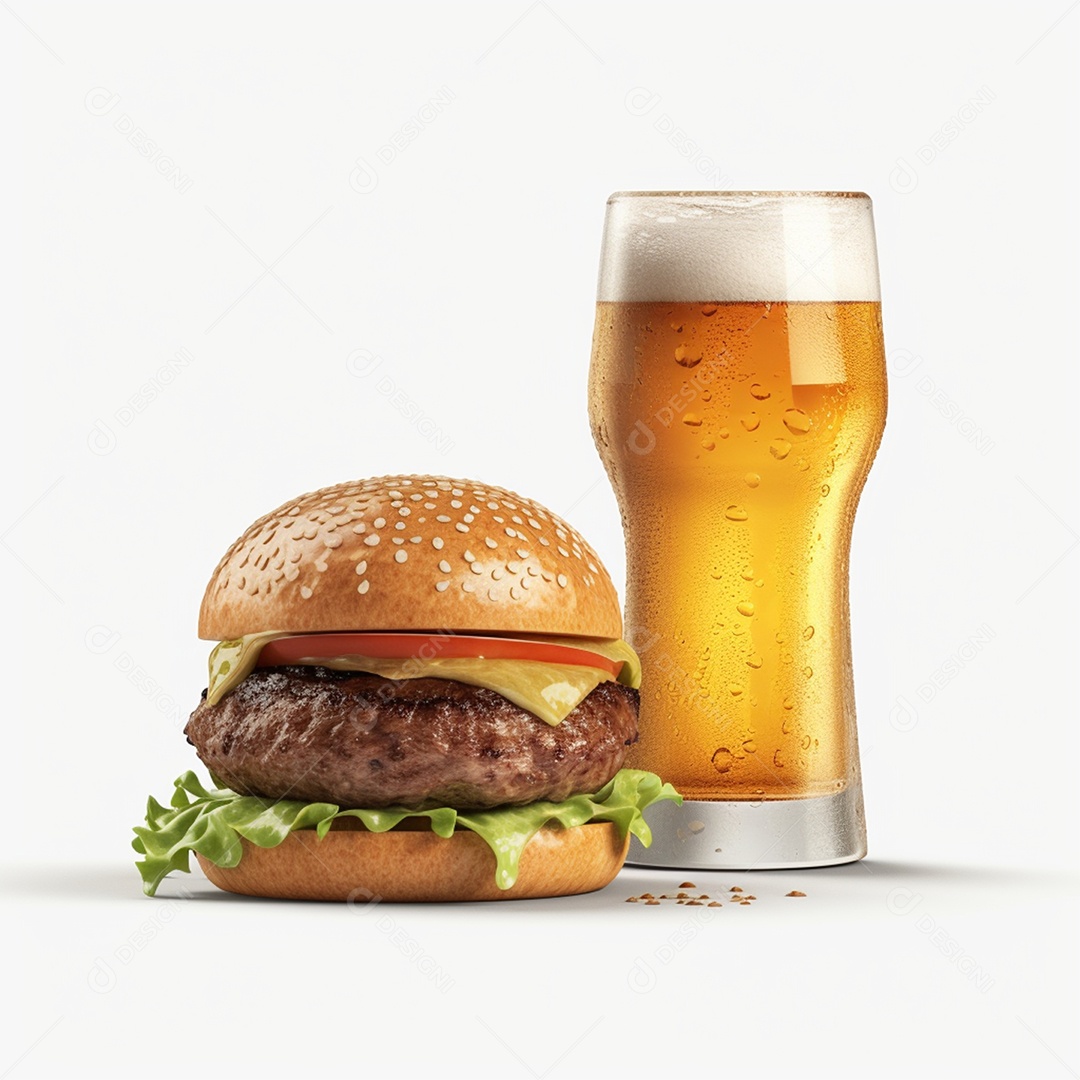 Copo de cerveja ao lado de um delicioso Hambúrguer sobre um fundo isolado branco