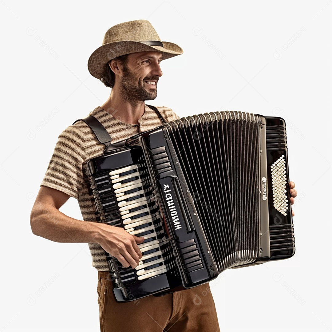 Homem usando chapéu tocando sanfona sobre fundo isolado branco