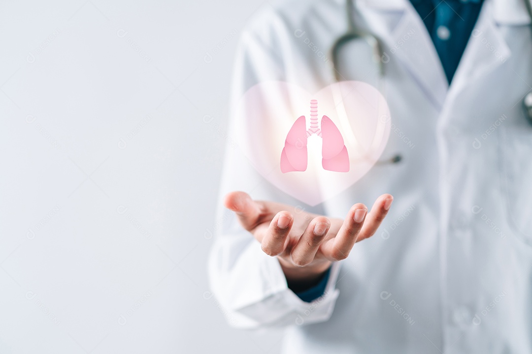 Mãos médicas segurando órgãos pulmonares