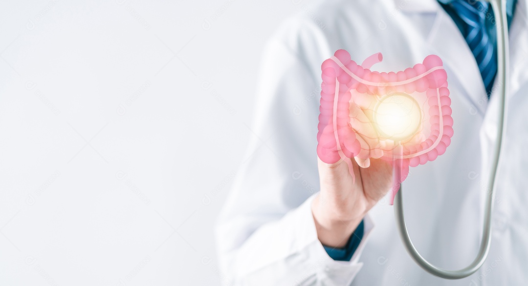 médico em um jaleco branco com o ícone virtual do intestino