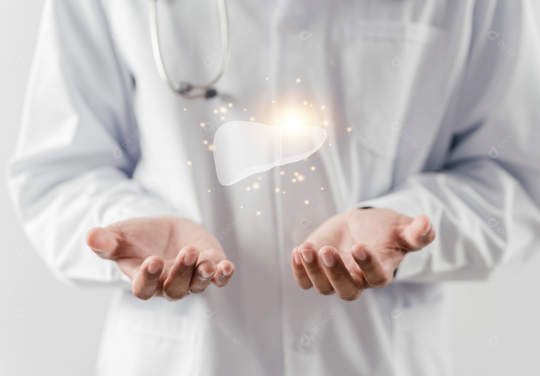 Médico em mãos uniformes segurando o ícone virtual do órgão do fígado