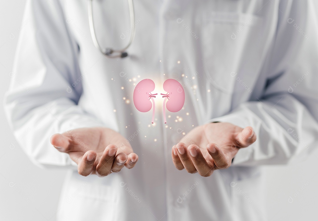 Médico em um jaleco branco segurando órgão renal