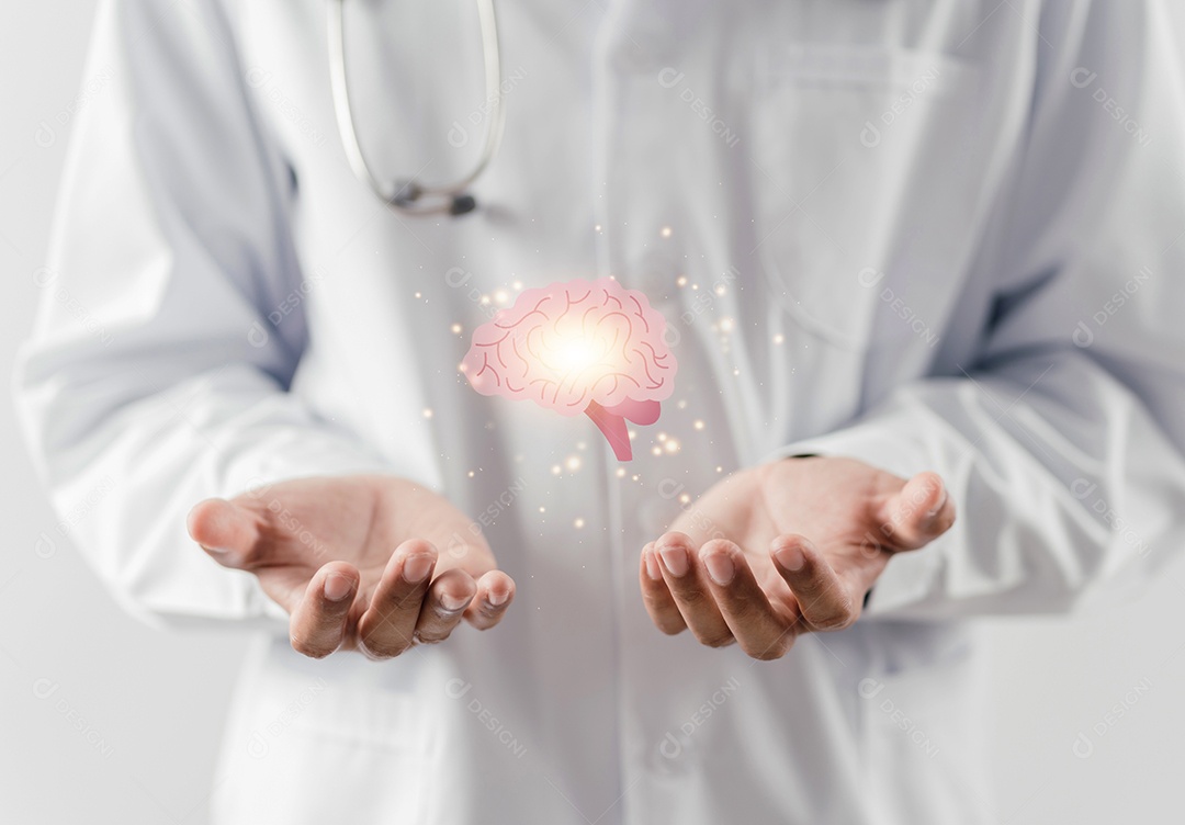 Médico em um jaleco branco selecione e verifique o ícone virtual do cérebro da cabeça.