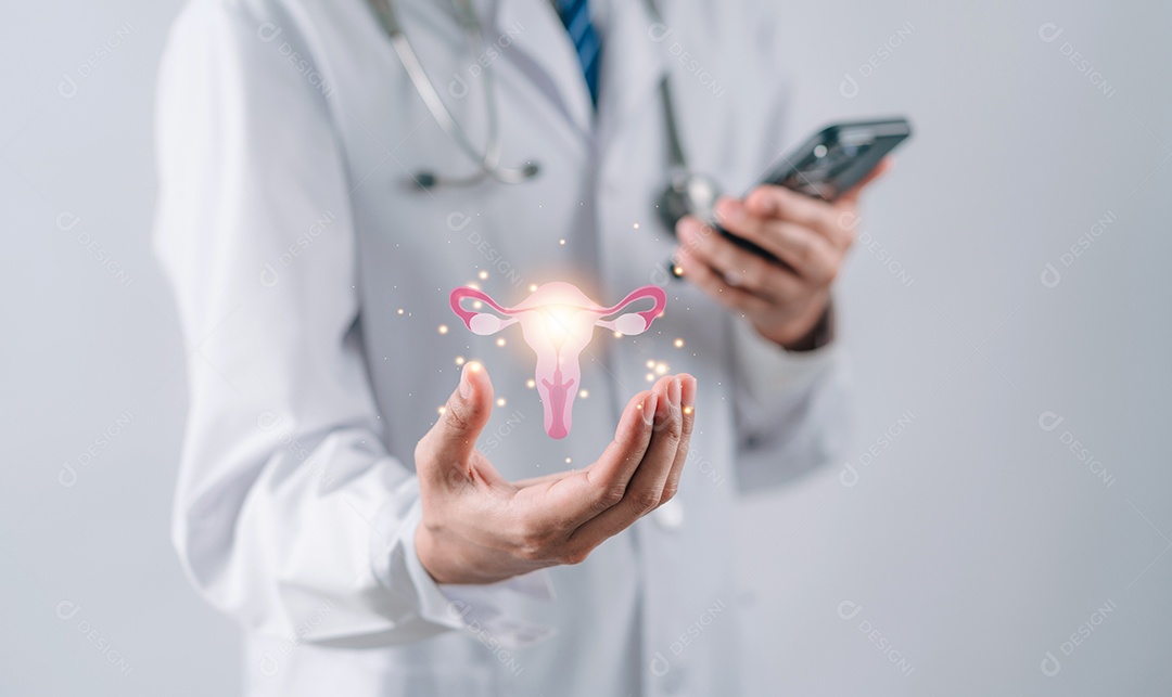 Médico em um jaleco branco segurando o sistema reprodutivo do útero