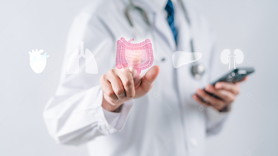 Médico de jaleco branco seleciona e examina o estômago com ícone virtual do intestino