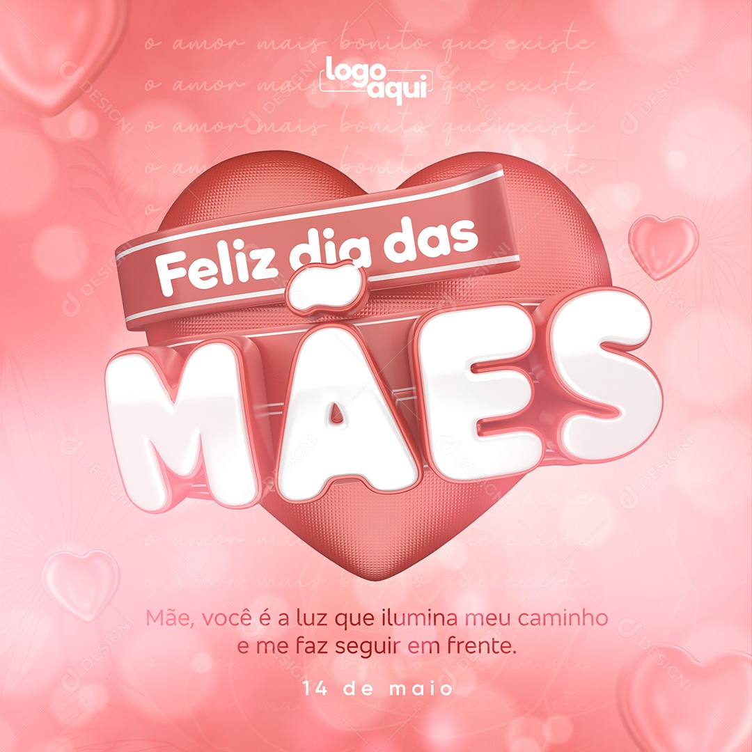 Selo 3D Feliz Dia Das Mães Coração Rosa Para Composição PSD