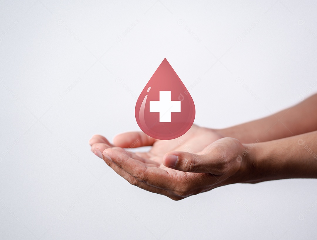 Homem segurando um ícone de sangue de doação virtual, transfusão de sangue, dia mundial do doador de sangue