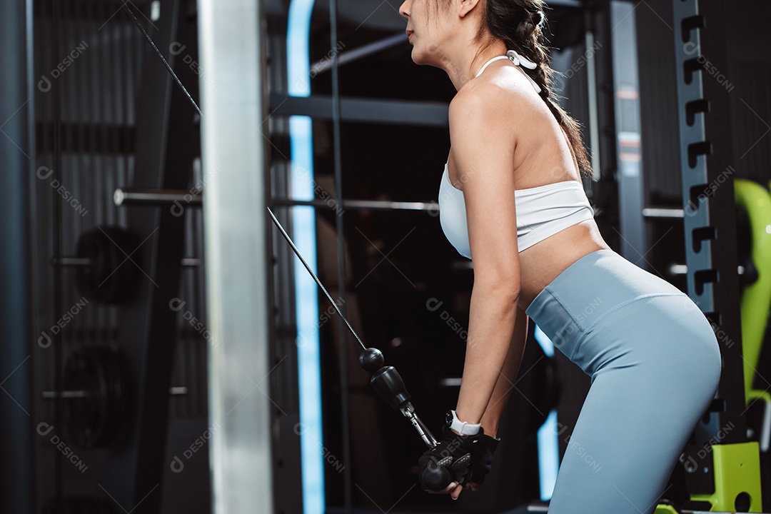 Mulheres malhando com máquina de treinamento de pesos levantando halteres na academia de ginástica.