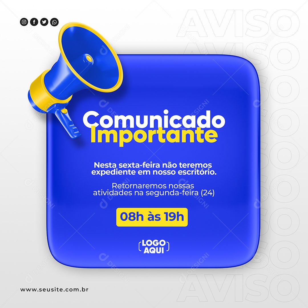 Social Media Comunicado Importante Megafone Feriado Azul PSD Editável