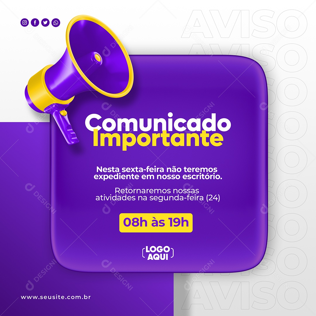 Social Media Comunicado Importante Megafone Feriado Roxo PSD Editável
