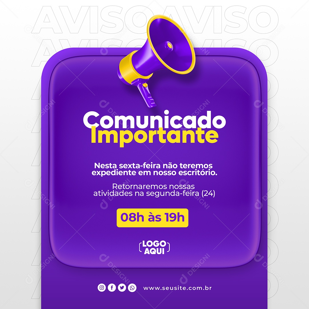 Social Media Comunicado Importante Megafone Feriado Roxo PSD Editável