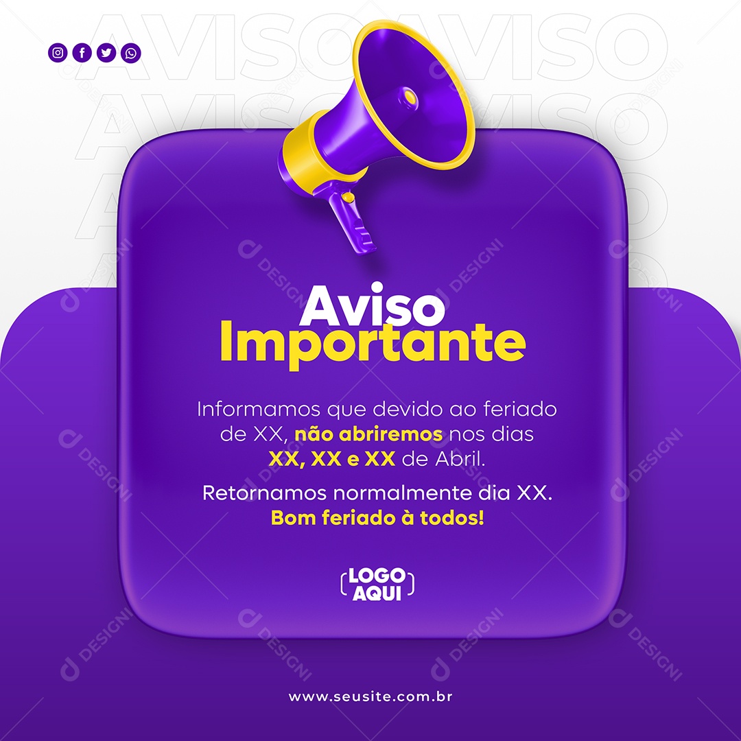 Social Media Aviso Importante Feriado Roxo PSD Editável