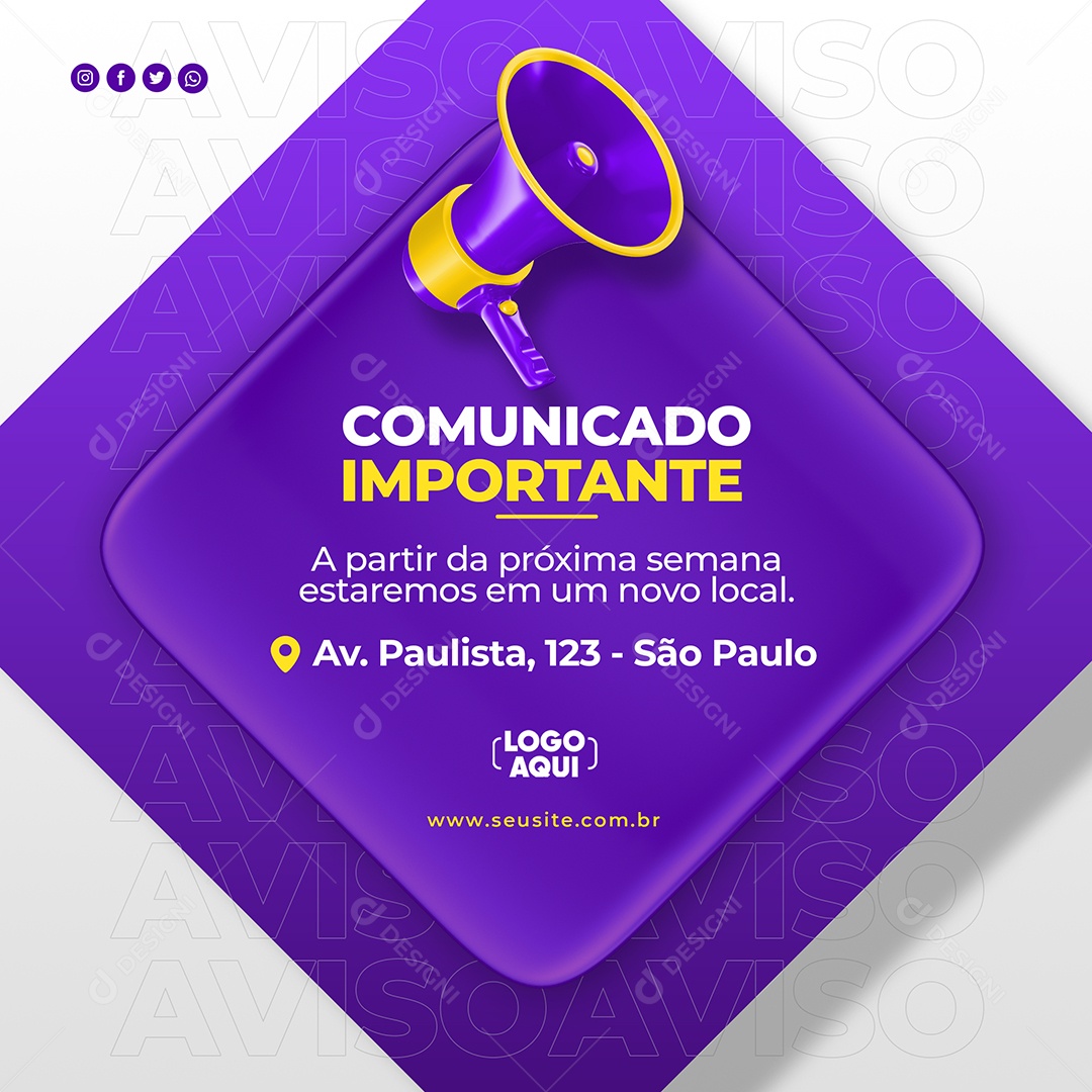 Social Media Comunicado Importante Próximo Local Roxo PSD Editável