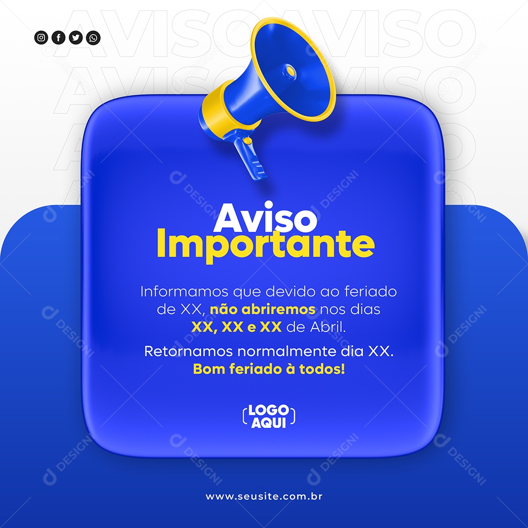 Social Media Aviso Importante Feriado Azul E Amarelo PSD Editável