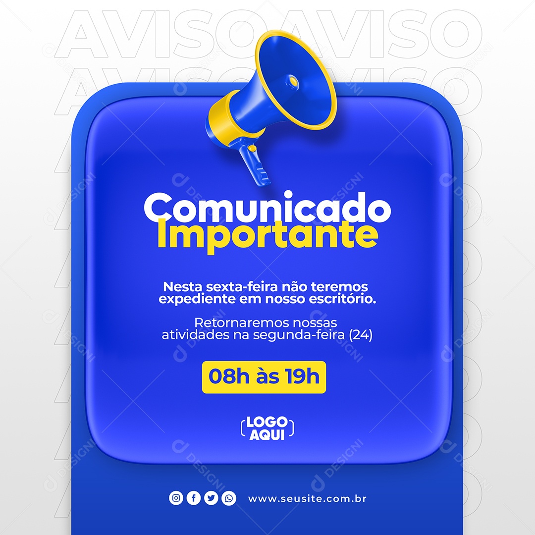 Social Media Comunicado Importante Megafone Feriado Azul E Amarelo PSD Editável