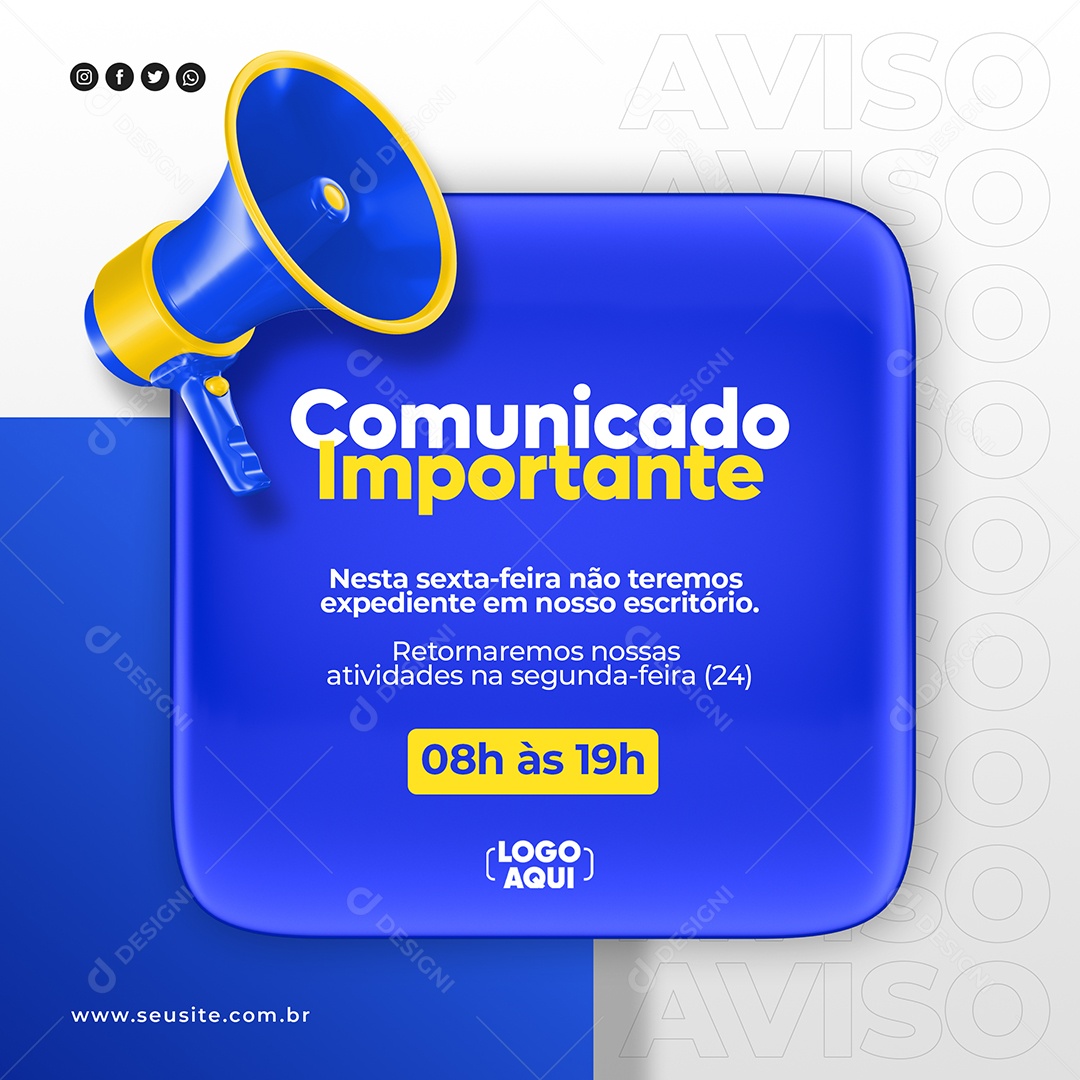 Social Media Comunicado Importante Megafone Feriado Azul E Amarelo PSD Editável