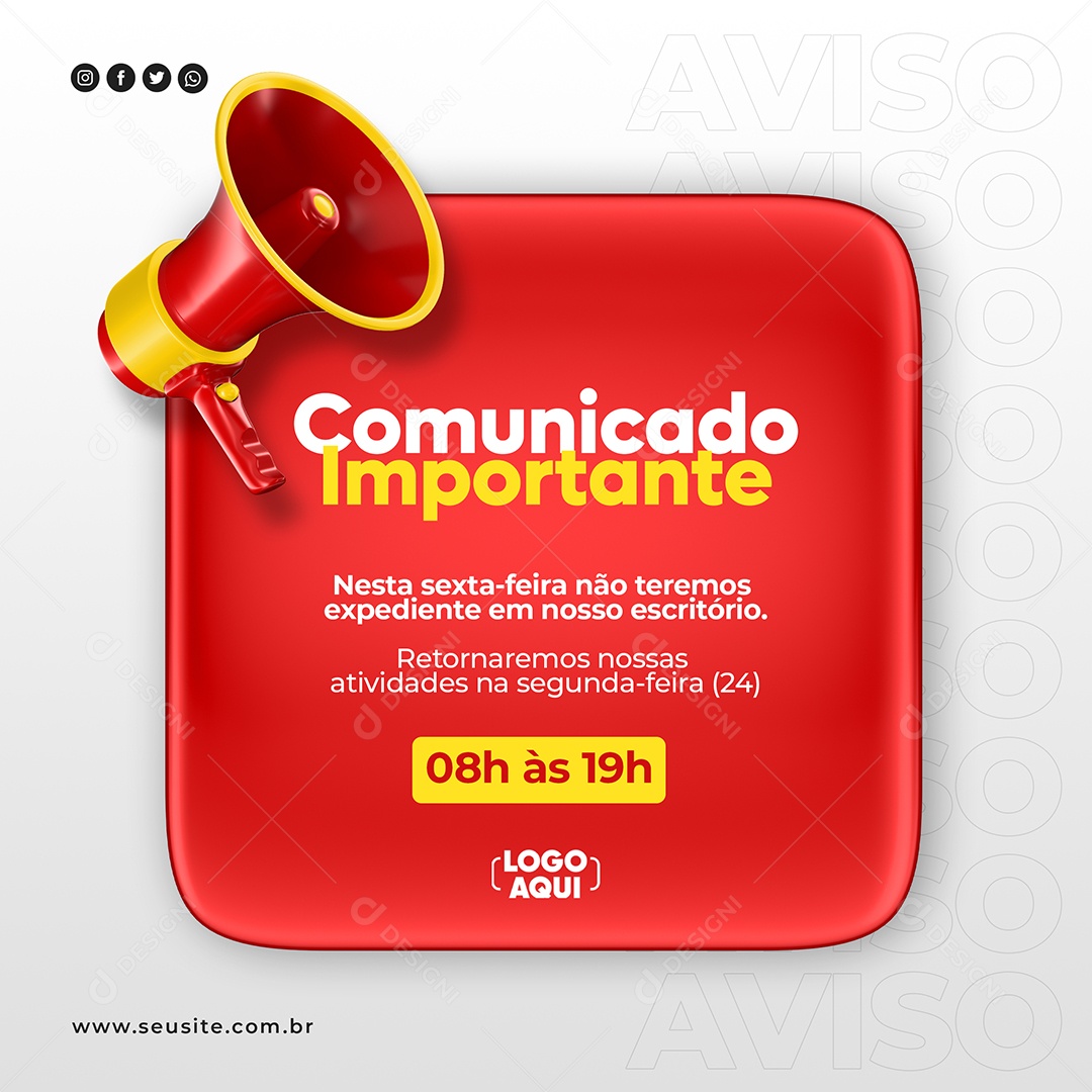 Social Media Comunicado Importante Megafone Feriado Vermelho PSD Editável