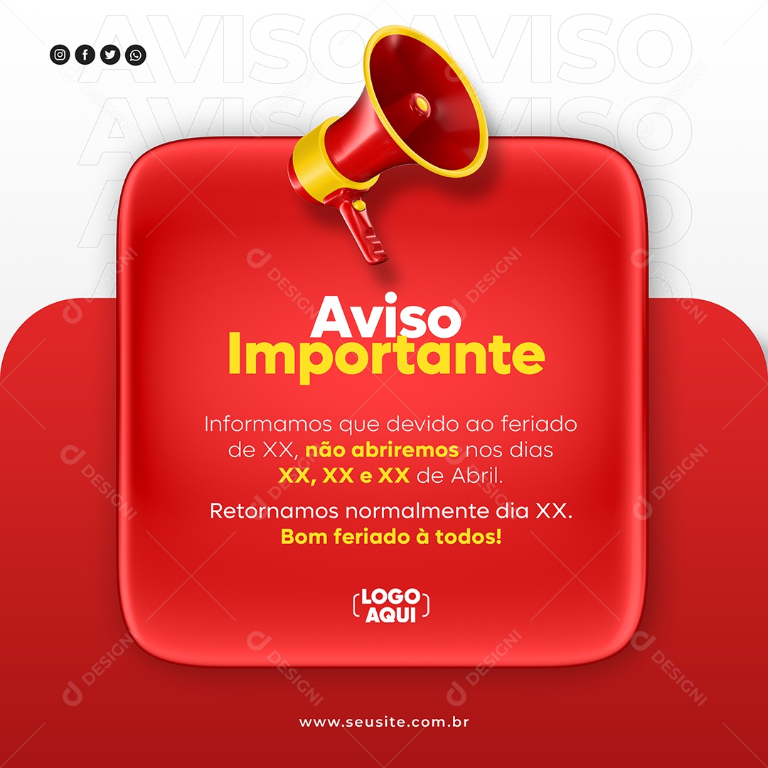 Social Media Aviso Importante Feriado Vermelho PSD Editável
