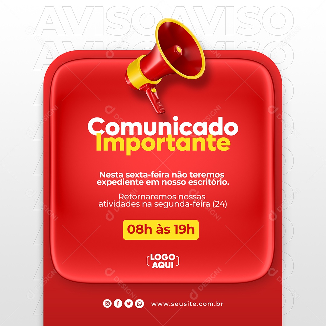 Social Media Comunicado Importante Megafone Feriado Vermelho PSD Editável
