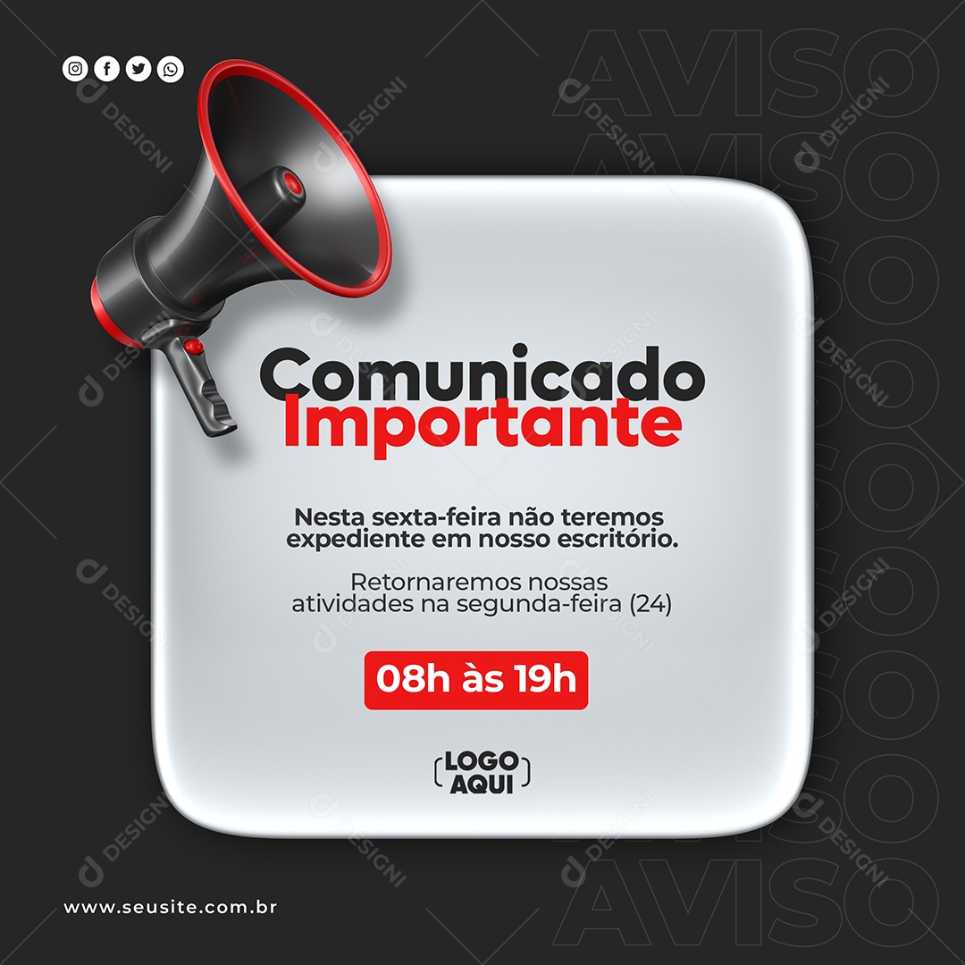 Social Media Comunicado Importante Megafone Feriado Preto PSD Editável