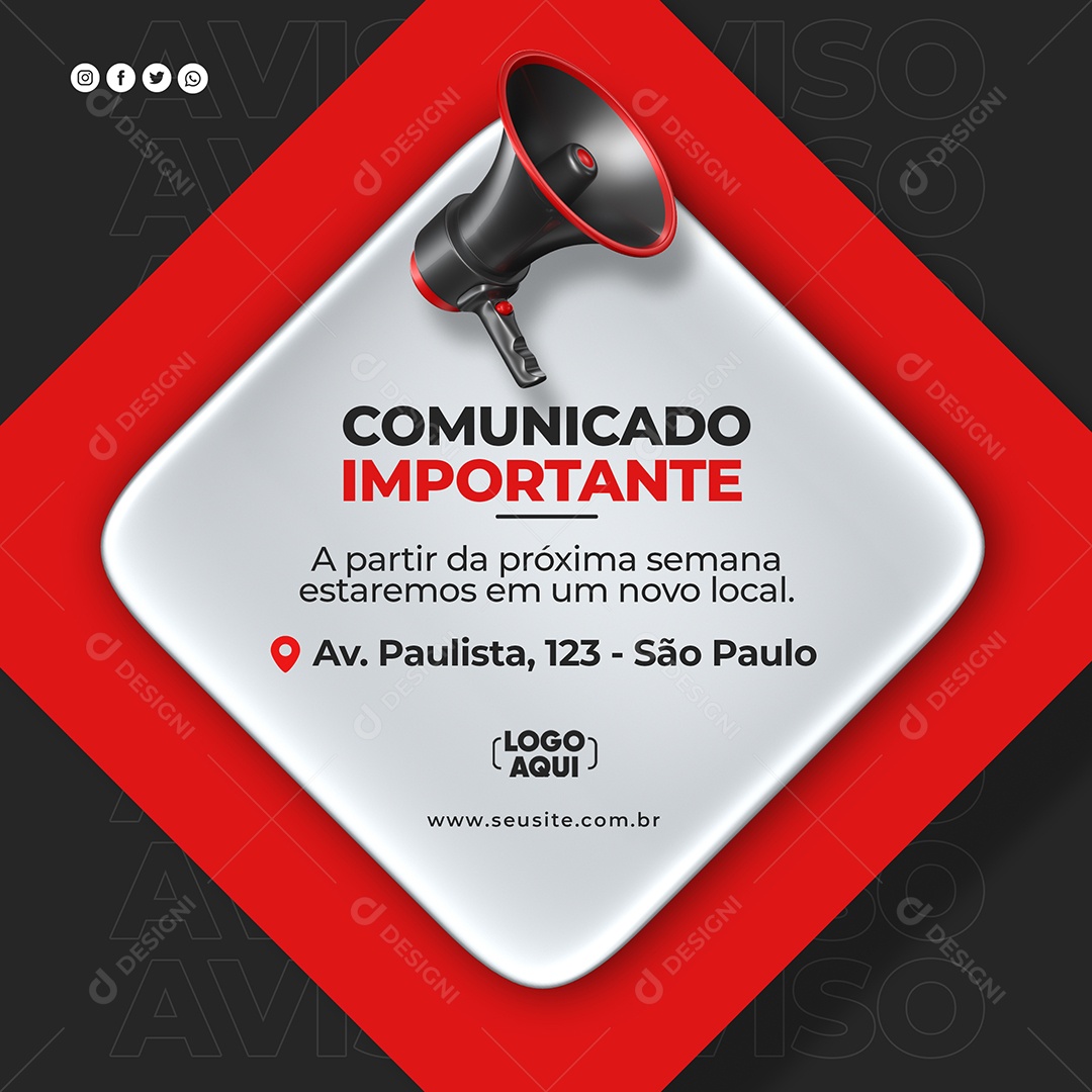 Social Media Comunicado Importante Próximo Local Preto Vermelho PSD Editável