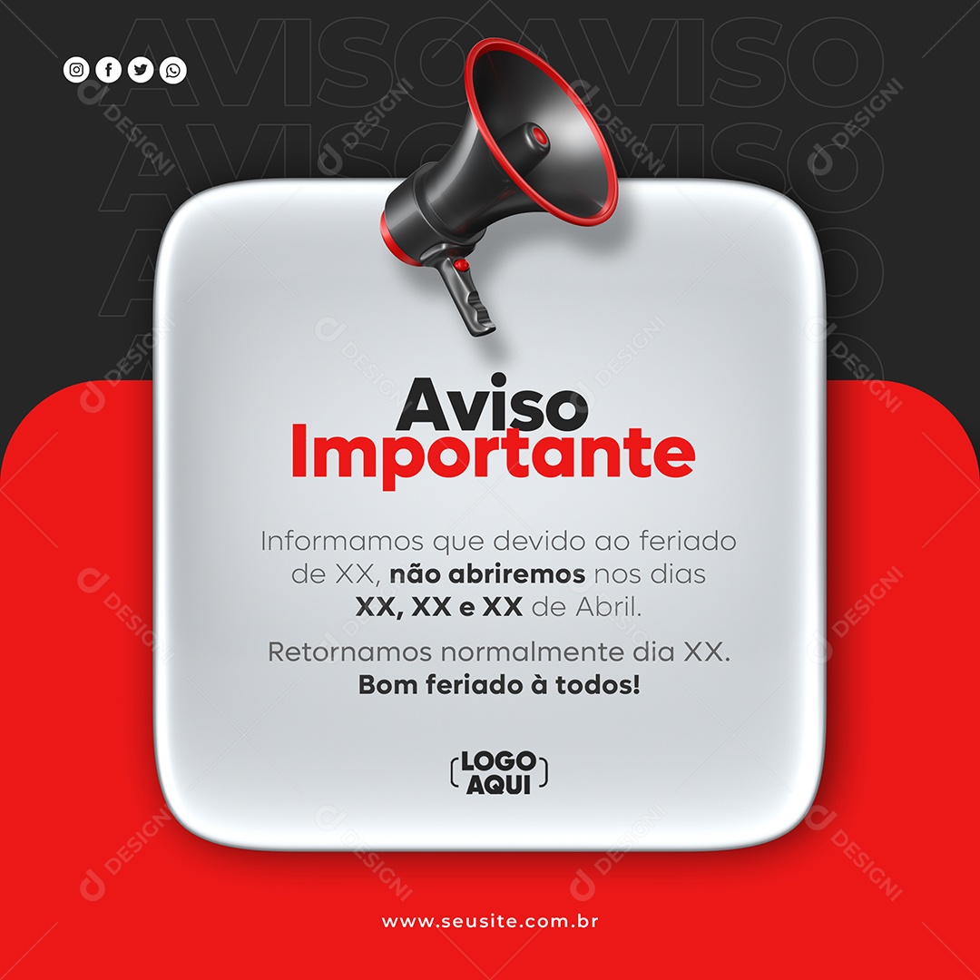 Social Media Aviso Importante Megafone Feriado Preto Vermelho PSD Editável