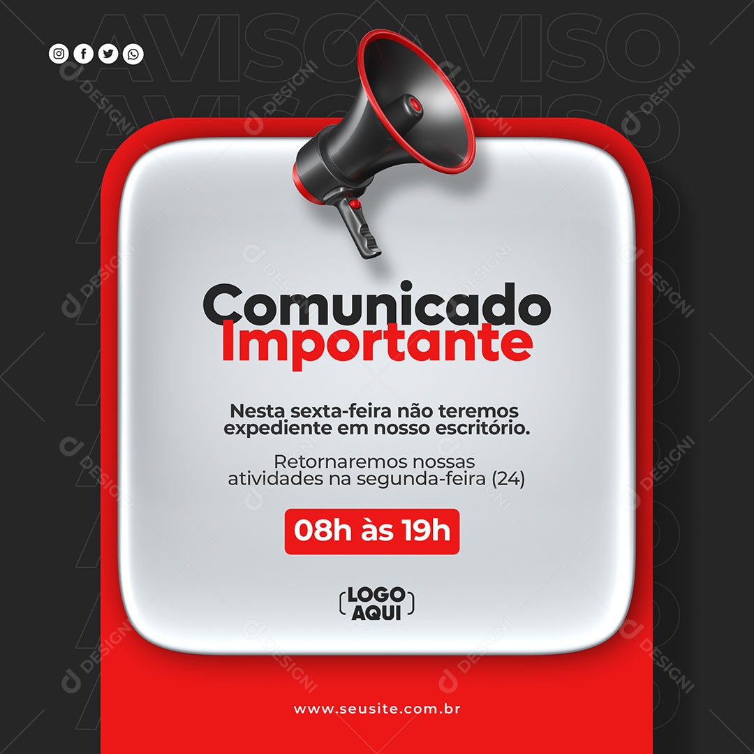 Social Media Comunicado Importante Megafone Feriado Preto Vermelho PSD Editável