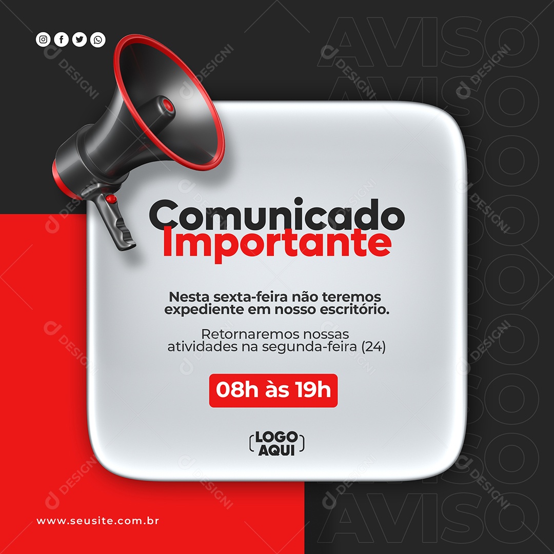 Social Media Comunicado Importante Megafone Feriado PSD Editável