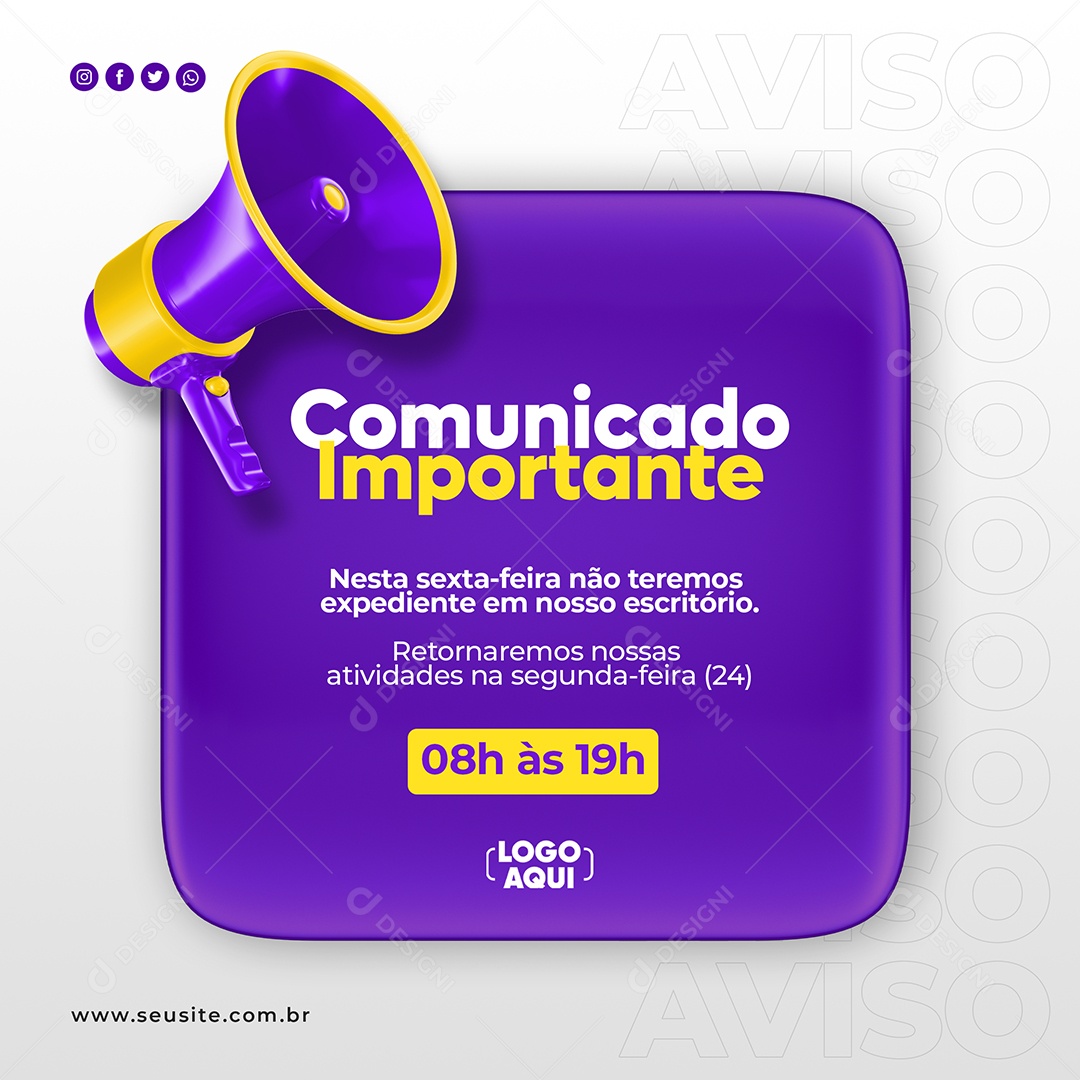 Social Media Comunicado Importante Megafone Feriado Roxo PSD Editável