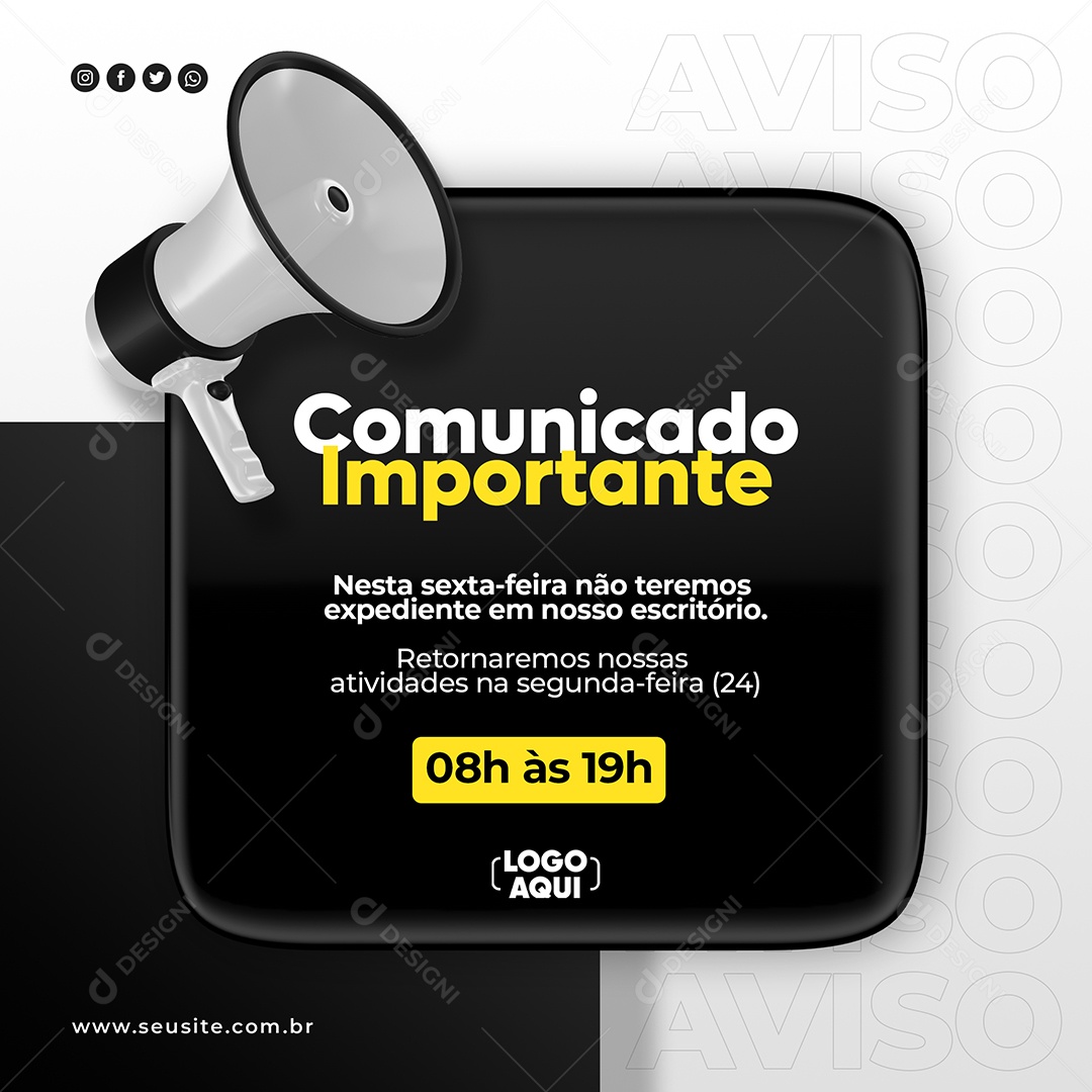 Social Media Comunicado Importante Megafone Feriado Preto PSD Editável