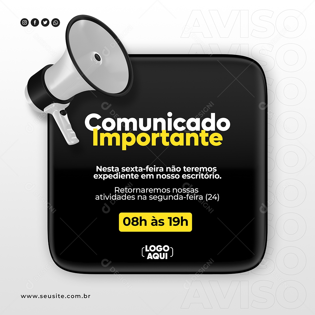 Social Media Comunicado Importante Feriado Preto PSD Editável