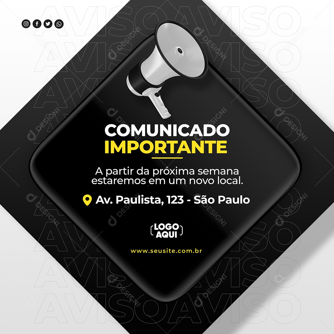 Social Media Comunicado Importante Próximo Local Preto PSD Editável