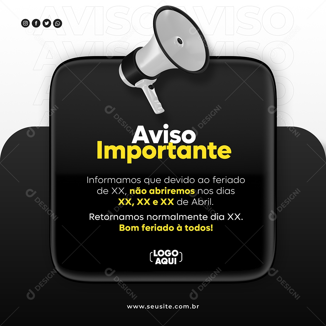 Social Media Aviso Importante Feriado Preto PSD Editável