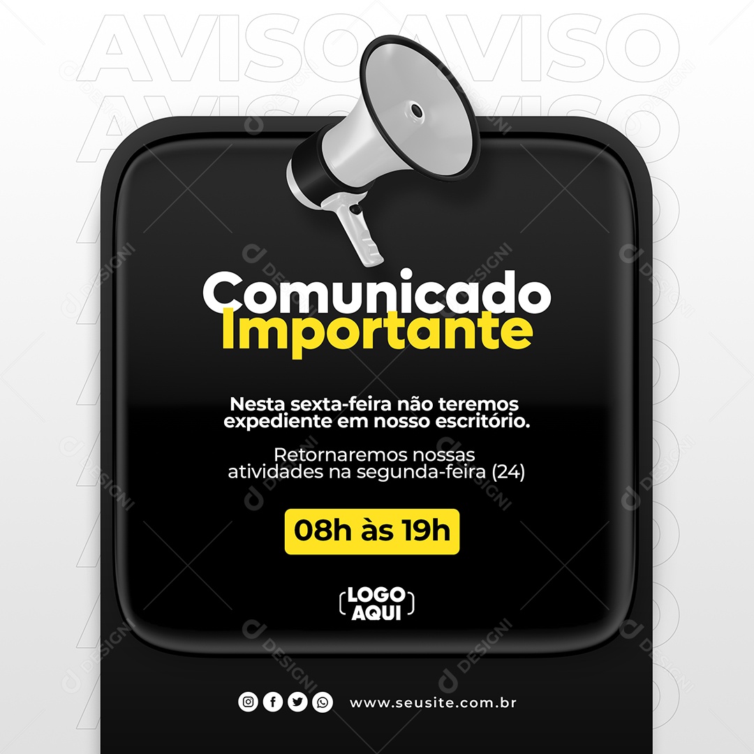 Social Media Comunicado Importante Megafone Feriado Preto PSD Editável