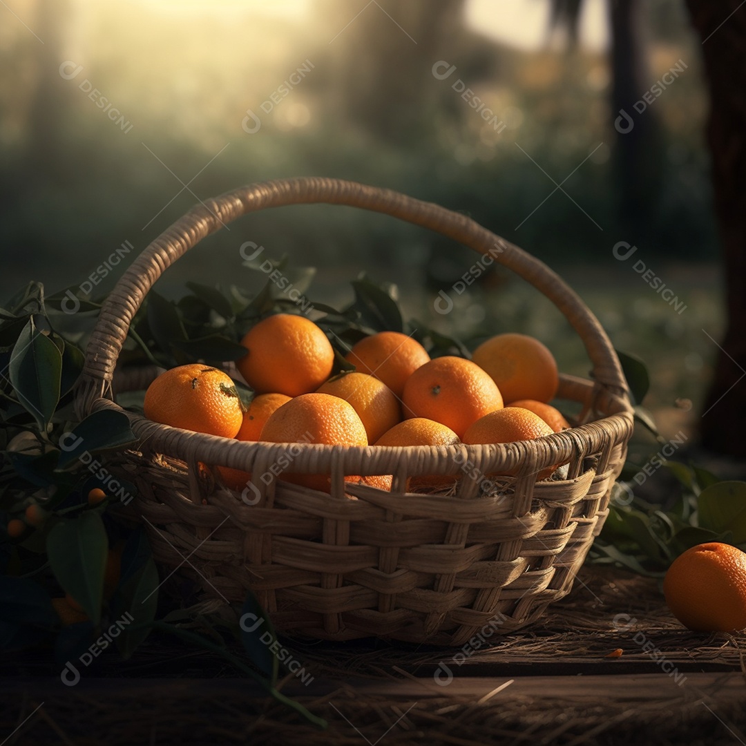 Cesta com laranjas sobre fundo plantio de laranjeiras