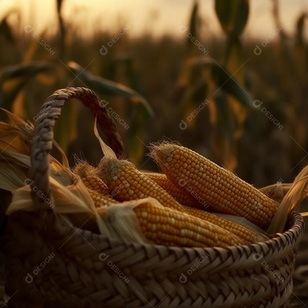 Cesta com espigas de milho sobre fundo plantio de milho