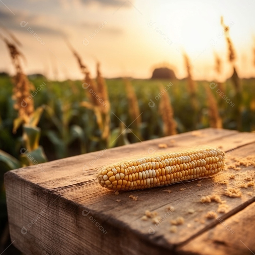 Espiga de milho sobre uma mesa de madeira sobre fundo um plantio de milho