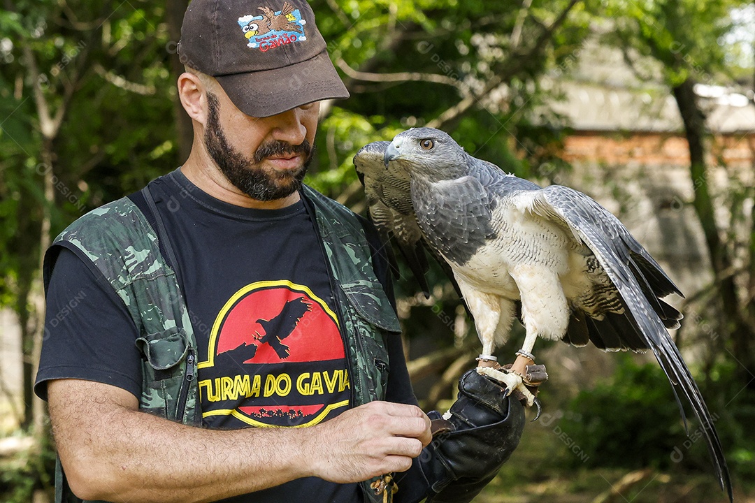 Homem jovem sobre campo verde com seu animal de estimação águia