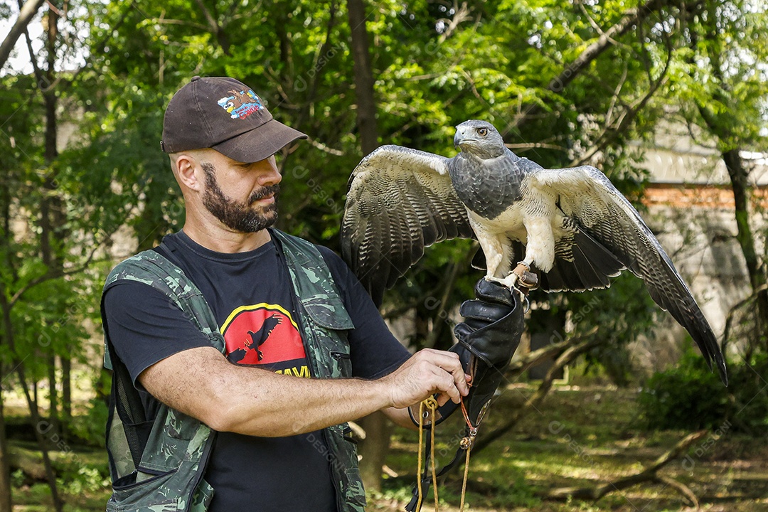 Homem jovem sobre campo verde com seu animal de estimação águia