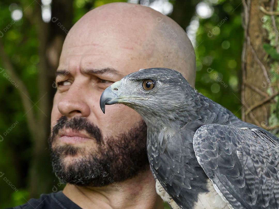 Homem jovem sobre campo verde com seu animal de estimação águia
