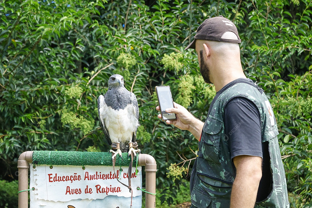 Homem jovem sobre campo verde com seu animal de estimação águia