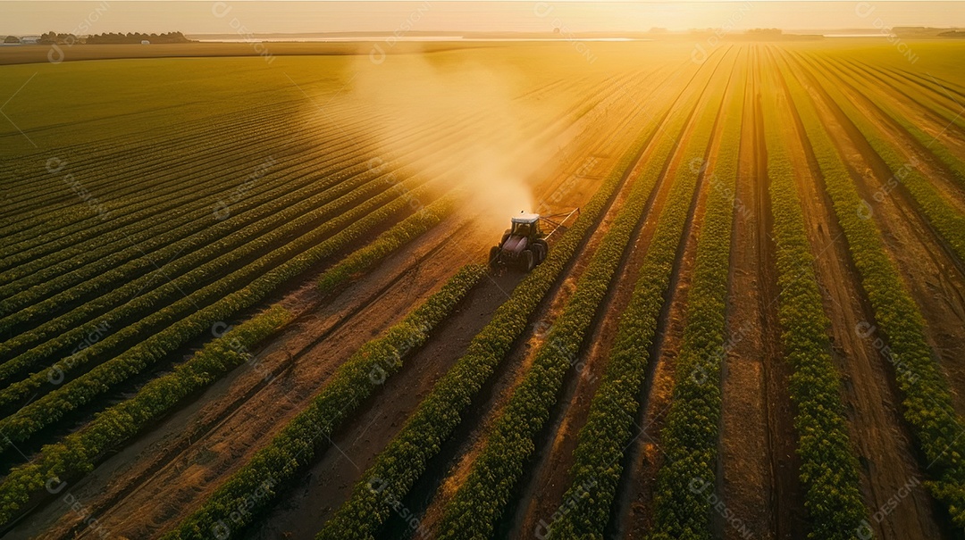 Vista aérea do trator pulverizando pesticidas na plantação de soja verde ao pôr do sol.