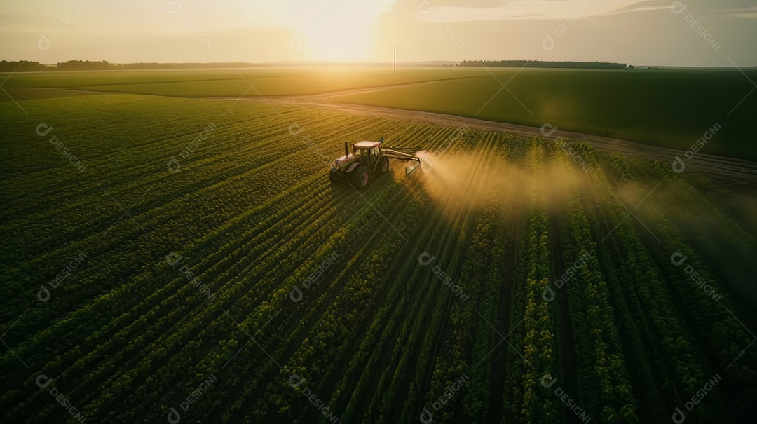 Vista aérea do trator pulverizando pesticidas na plantação de soja verde ao pôr do sol.