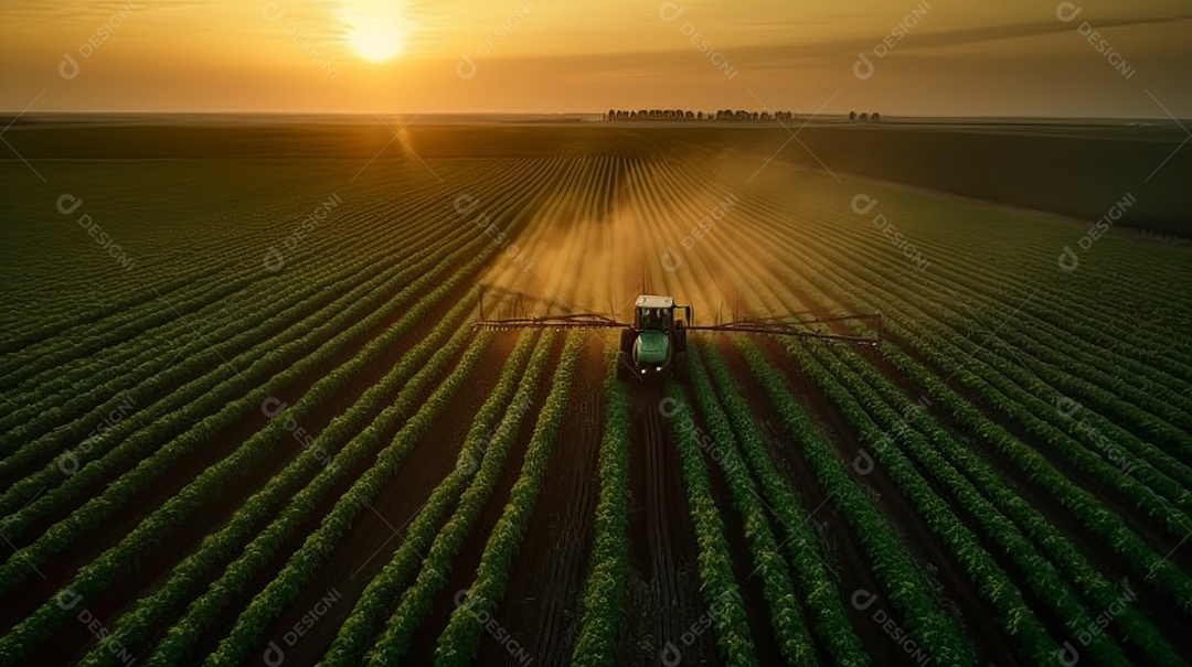 Vista aérea do trator pulverizando pesticidas na plantação de soja verde ao pôr do sol.