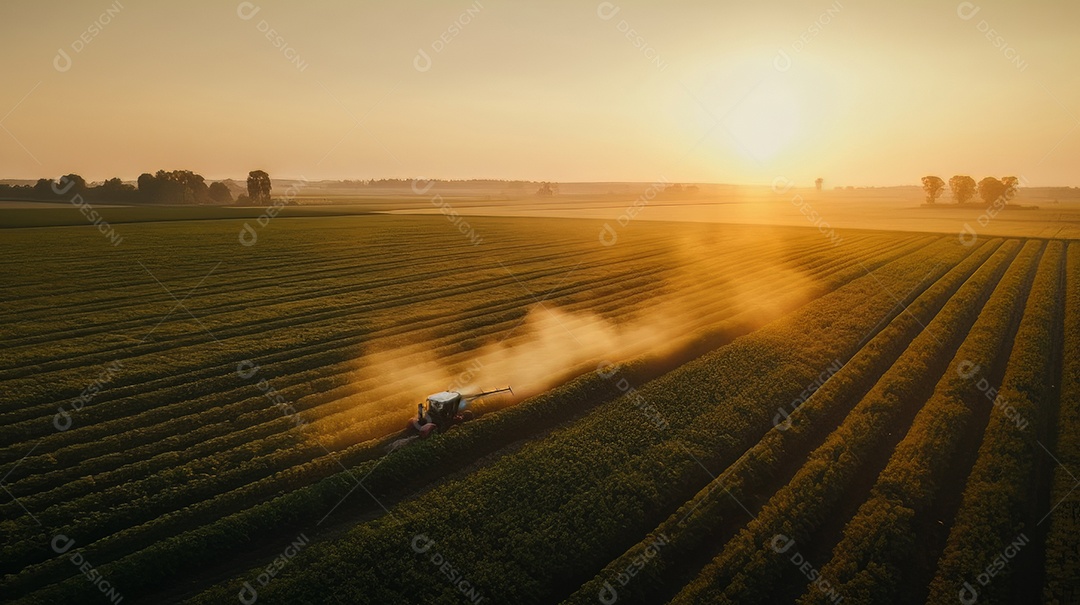 Vista aérea do trator pulverizando pesticidas na plantação de soja verde ao pôr do sol.