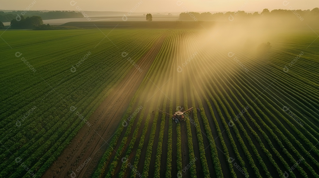 Vista aérea do trator pulverizando pesticidas na plantação de soja verde ao pôr do sol.