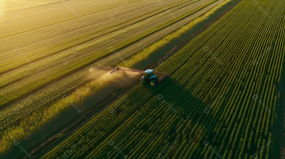 Vista aérea do trator pulverizando pesticidas na plantação de soja verde ao pôr do sol.