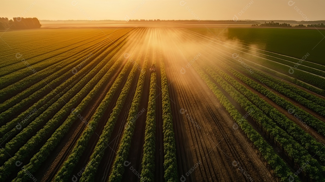 Vista aérea do trator pulverizando pesticidas na plantação de soja verde ao pôr do sol.